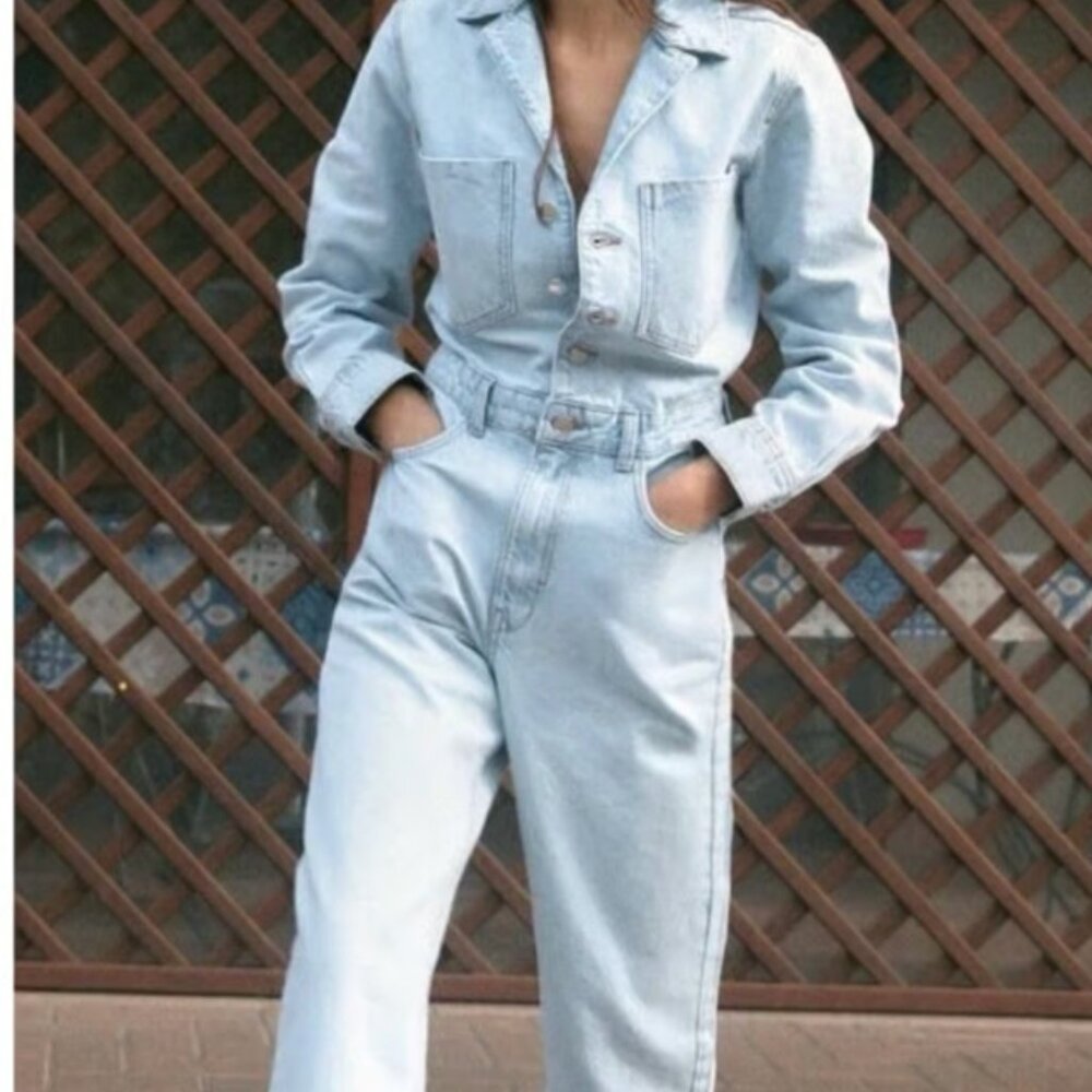 NWT Zara Light Blue Long Sleeve Denim Jumpsuit